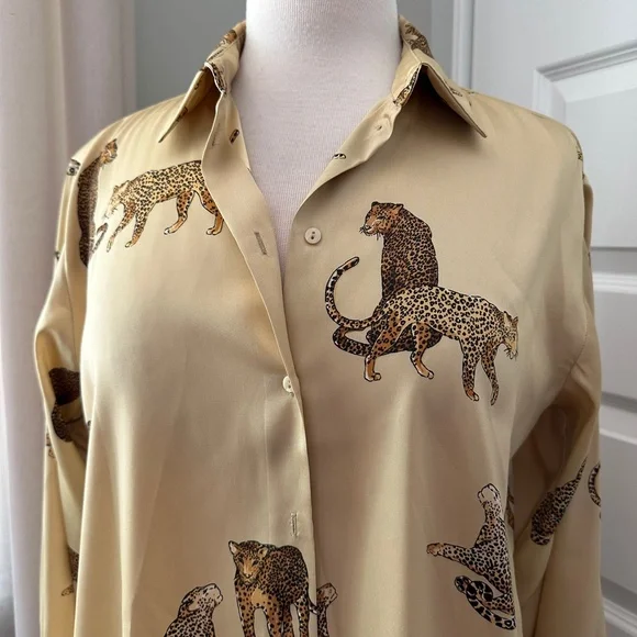 Zara Cheetah Button Down Satin Top - Picture 3 of 6